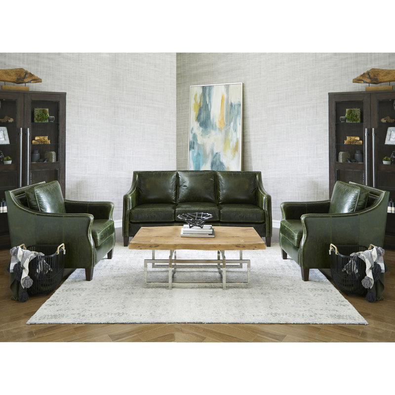 Sofa  Sustex Distressed Green Top Grain Leather 3 Piece Living